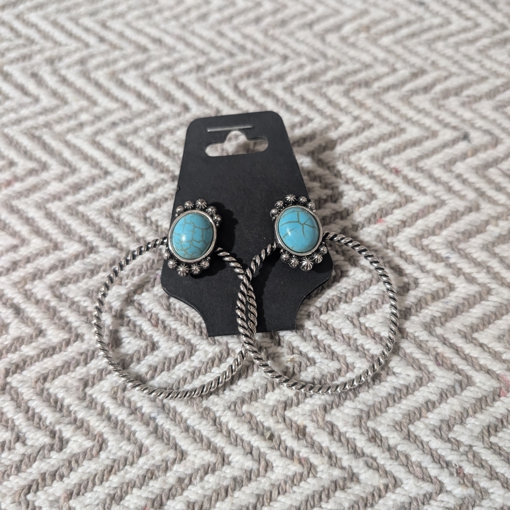 Vintage Silver And Turquoise Hoop Earrings